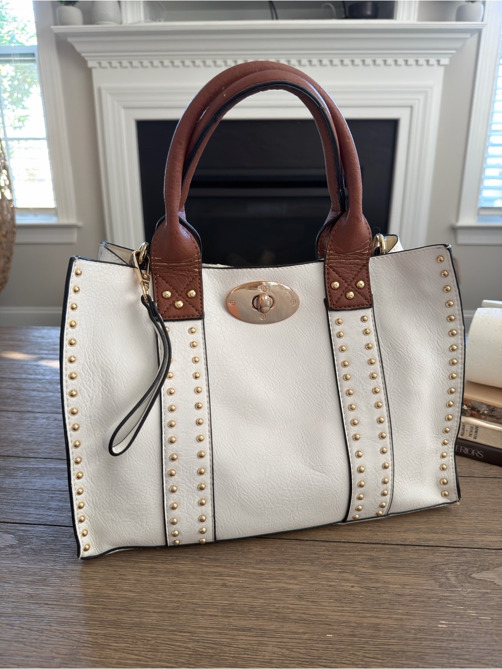 Women's White and Brown Studded Leather Tote Bag
